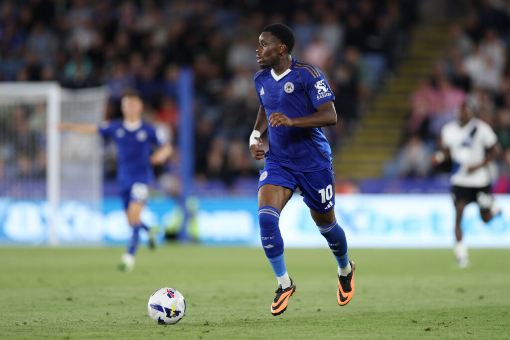 Stephy Mavididi of Leicester City in action  during the Sky Bet Championship match between Leicester City and Birmingham City at The King Power Sta...