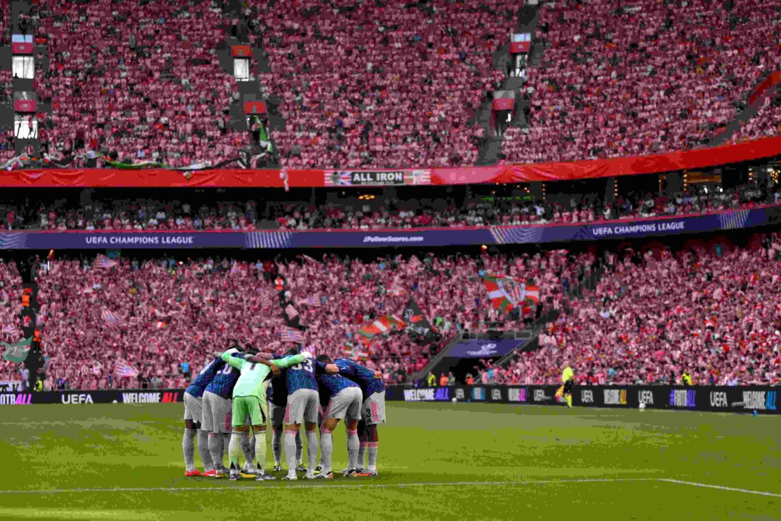 General view inside the stadium as players of Arsenal form a huddle prior to the UEFA Champions League 2025/26 League Phase MD1 match between Athle...