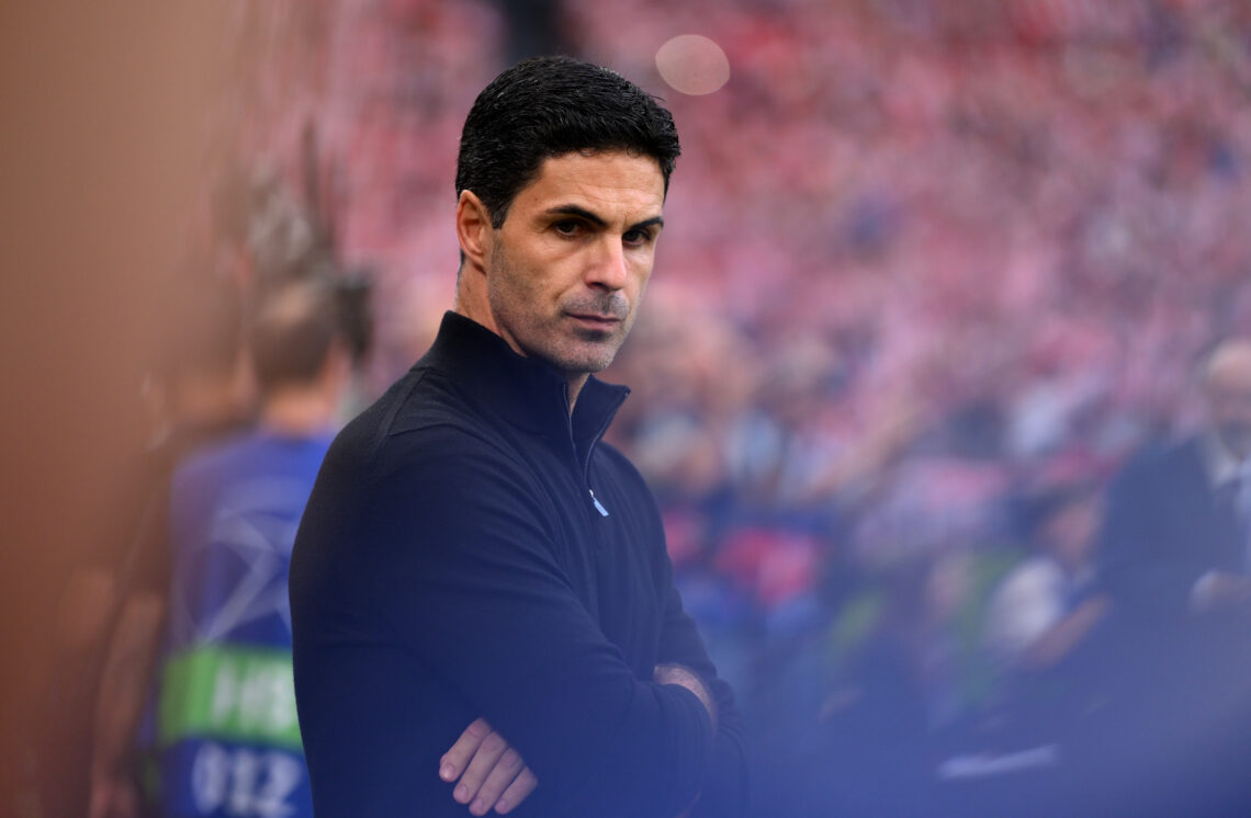 Mikel Arteta, Manager of Arsenal, looks on prior to the UEFA Champions League 2025/26 League Phase MD1 match between Athletic Club and Arsenal FC a...