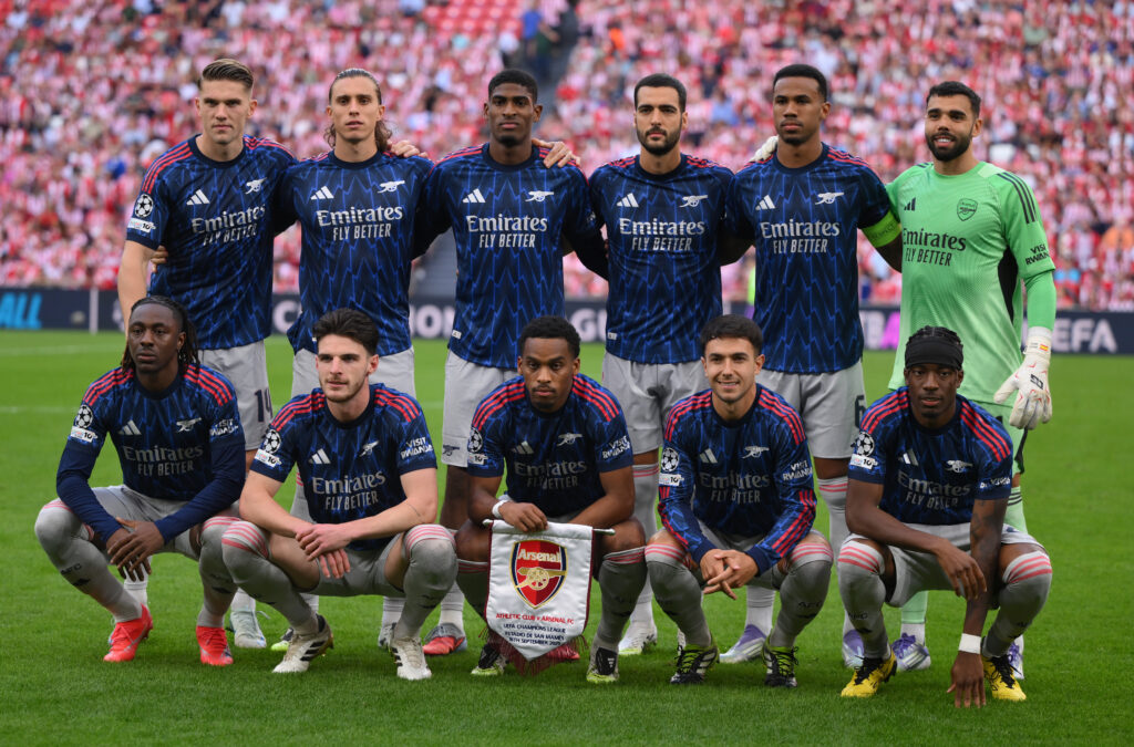 Players of Arsenal pose for a team photograph prior to the UEFA Champions League 2025/26 League Phase MD1 match between Athletic Club and Arsenal F...