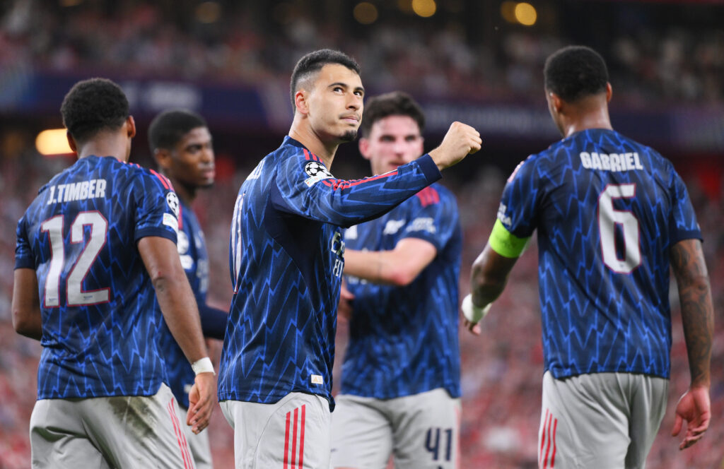 Gabriel Martinelli of Arsenal celebrates scoring his team's first goal during the UEFA Champions League 2025/26 League Phase MD1 match between Athl...