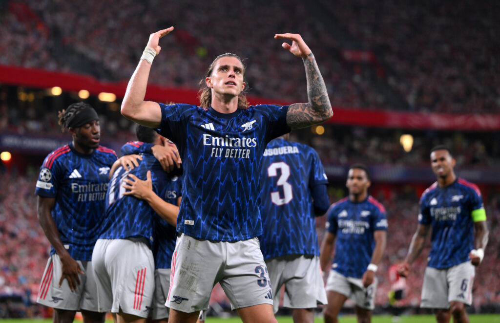 Riccardo Calafiori of Arsenal celebrates his side's first goal scored by Gabriel Martinelli (not pictured) during the UEFA Champions League 2025/26...