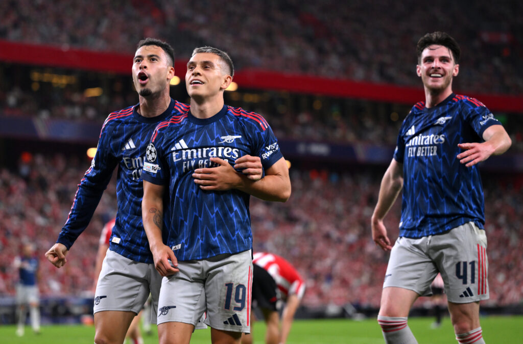 Leandro Trossard of Arsenal celebrates scoring his team's second goal with Gabriel Martinelli during the UEFA Champions League 2025/26 League Phase...