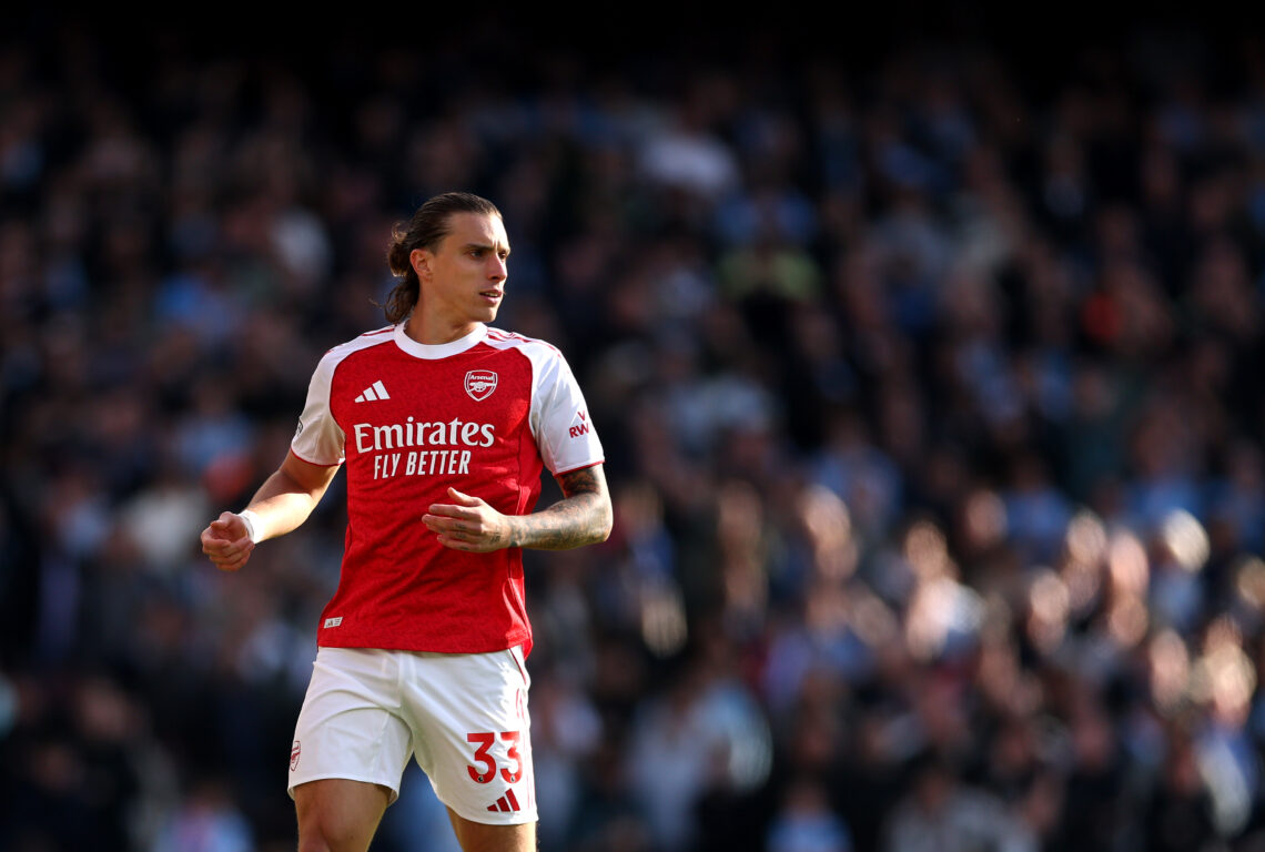 Riccardo Calafiori of Arsenal during the Premier League match between Arsenal and Manchester City at Emirates Stadium on September 21, 2025 in Lond...