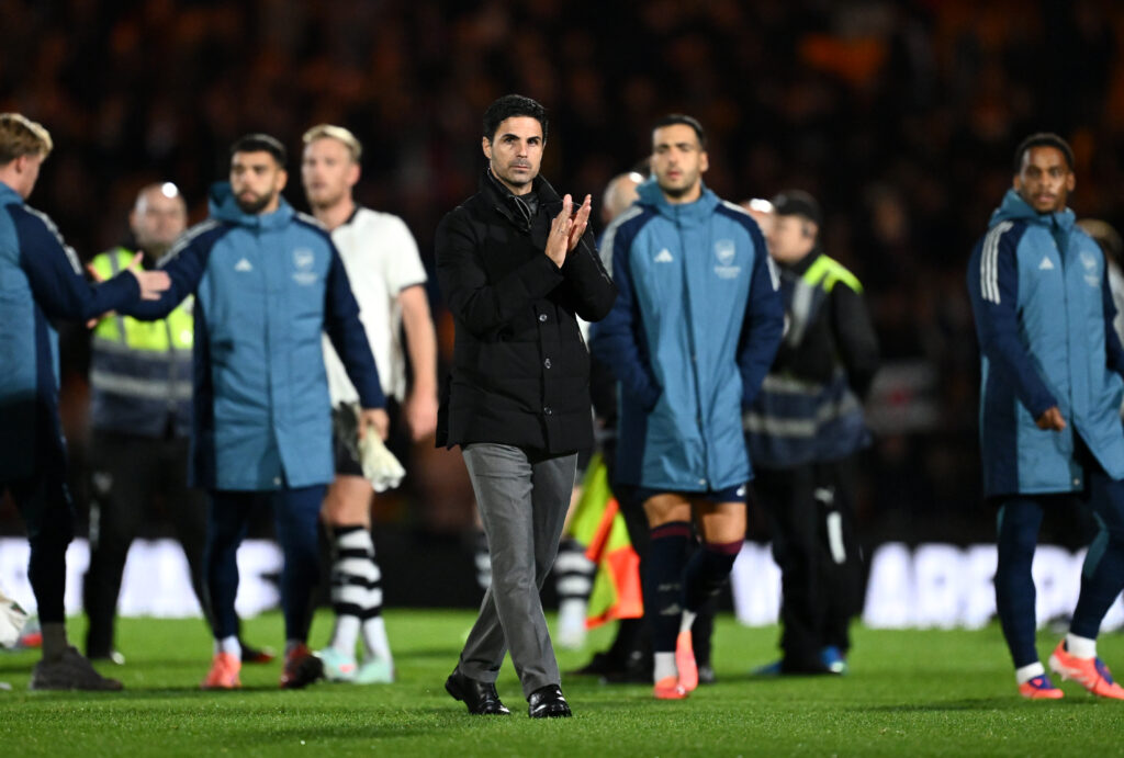 Mikel Arteta, Manager of Arsenal, applauds the fans at full-time following the team's victory in the Carabao Cup Third Round match between Port Val...