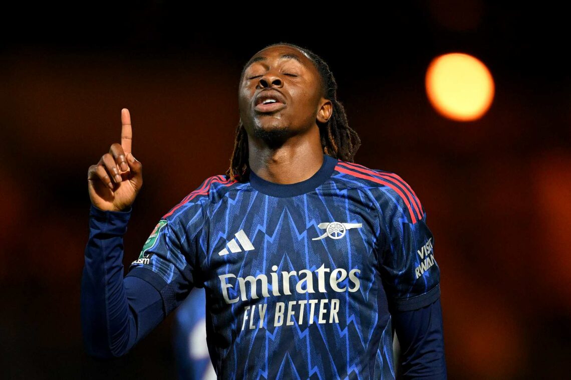 Eberechi Eze of Arsenal celebrates after scoring his teams first goal during the Carabao Cup Third Round match between Port Vale and Arsenal at Val...