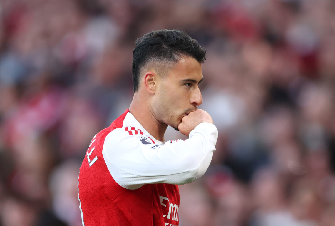 LONDON, ENGLAND - SEPTEMBER 21: Gabriel Martinelli of Arsenal celebrates scoring his team's first goal during the Premier League match between Arse...
