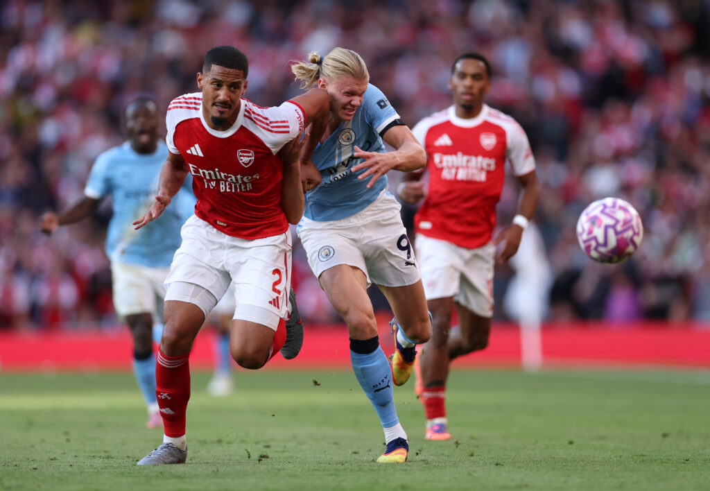 Calafiori: Arsenal have 1 thing to improve after Man City draw 3 LONDON, ENGLAND - SEPTEMBER 21: William Saliba of Arsenal battles for possession with Erling Haaland of Manchester City during the Premier League match between Arsenal and Manchester City at Emirates Stadium on September 21, 2025 in London, England. (Photo by Justin Setterfield/Getty Images)