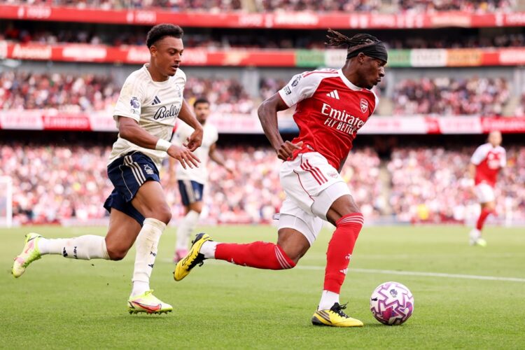 LONDON, ENGLAND: Noni Madueke of Arsenal in action during the Premier League match between Arsenal and Nottingham Forest at Emirates Stadium on Sep...