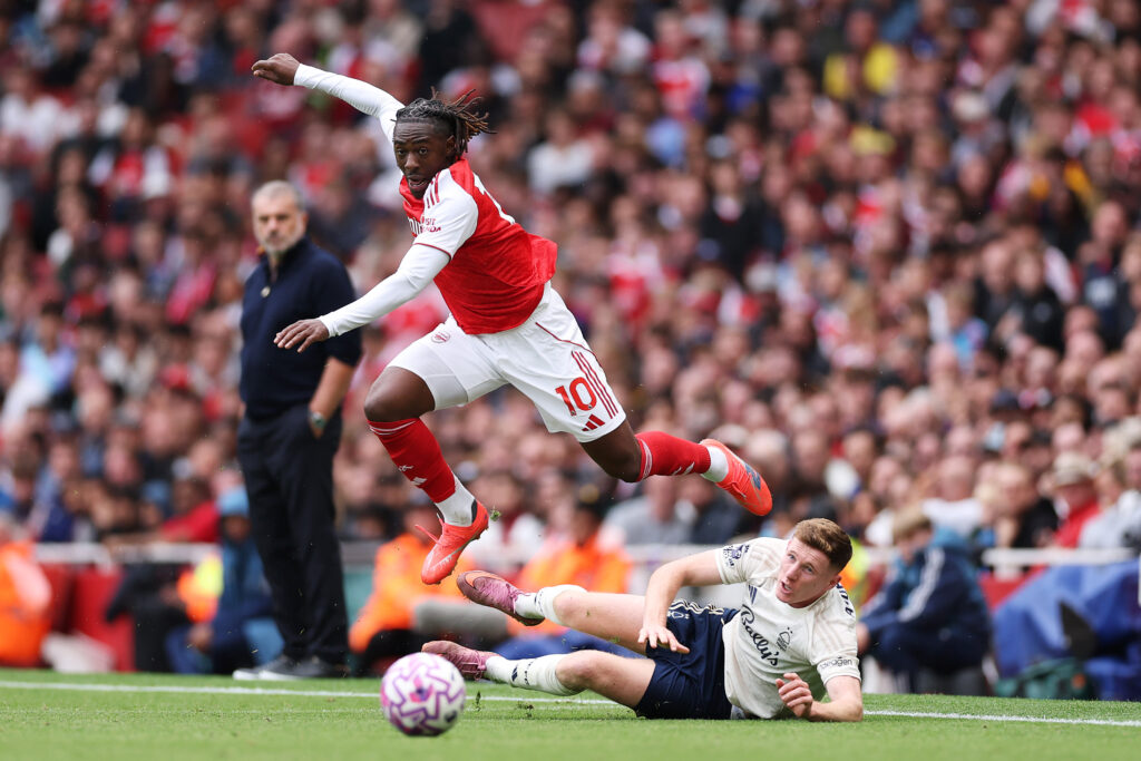 Arsenal new boys shine as Gunners flex new squad depth 4 LONDON, ENGLAND - SEPTEMBER 13: Elliot Anderson of Nottingham Forest tackles Eberechi Eze of Arsenal during the Premier League match between Arsenal and Nottingham Forest at Emirates Stadium on September 13, 2025 in London, England. (Photo by Justin Setterfield/Getty Images)
