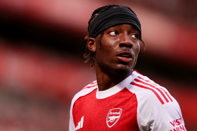 LONDON, ENGLAND: Noni Madueke of Arsenal in action during the Premier League match between Arsenal and Nottingham Forest at Emirates Stadium on Sep...