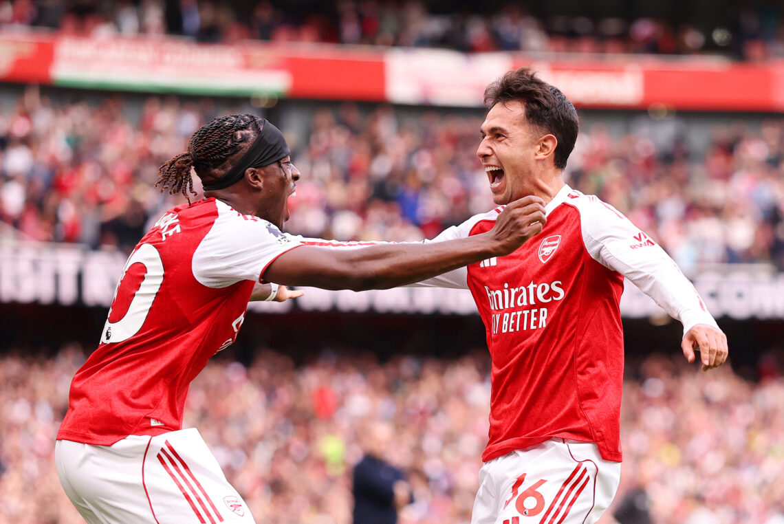 LONDON, ENGLAND - SEPTEMBER 13: Martin Zubimendi celebrates scoring his team's first goal with teammate Noni Madueke of Arsenal during the Premier ...