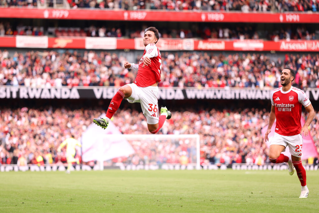 LONDON, ENGLAND - SEPTEMBER 13: Martin Zubimendi of Arsenal celebrates scoring his team's first goal during the Premier League match between Arsenal and Nottingham Forest at Emirates Stadium on September 13, 2025 in London, England. (Photo by Jack Thomas/Getty Images)