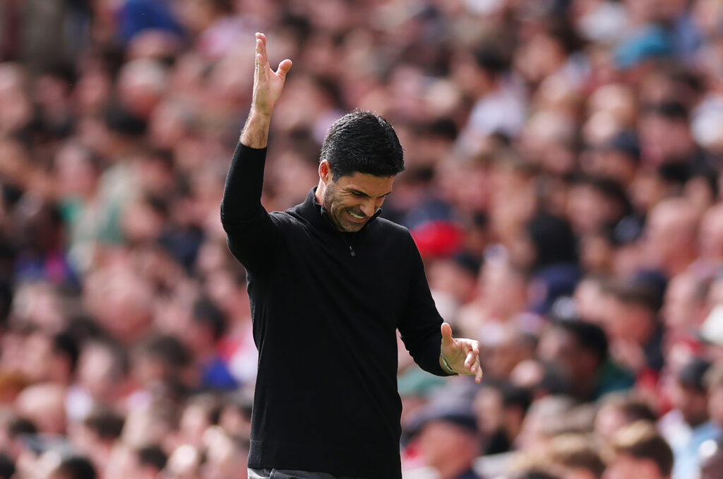 LONDON, ENGLAND - SEPTEMBER 13: Mikel Arteta, Manager of Arsenal, reacts during the Premier League match between Arsenal and Nottingham Forest at Emirates Stadium on September 13, 2025 in London, England. (Photo by Justin Setterfield/Getty Images)