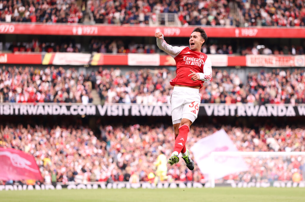 Madueke: Arsenal’s attack is only warming up 3 LONDON, ENGLAND - SEPTEMBER 13: Martin Zubimendi of Arsenal celebrates scoring his team's first goal during the Premier League match between Arsenal and Nottingham Forest at Emirates Stadium on September 13, 2025 in London, England. (Photo by Jack Thomas/Getty Images)