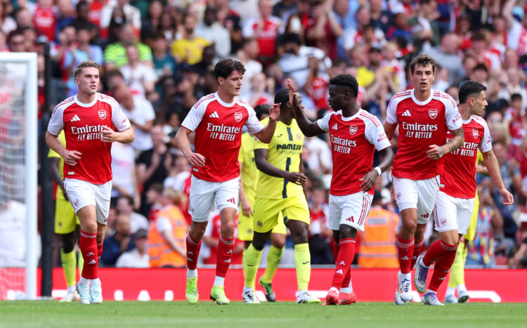 LONDON, ENGLAND - AUGUST 06: Christian Norgaard of Arsenal celebrates scoring his team's first goal with teammate Bukayo Saka during the pre-season...