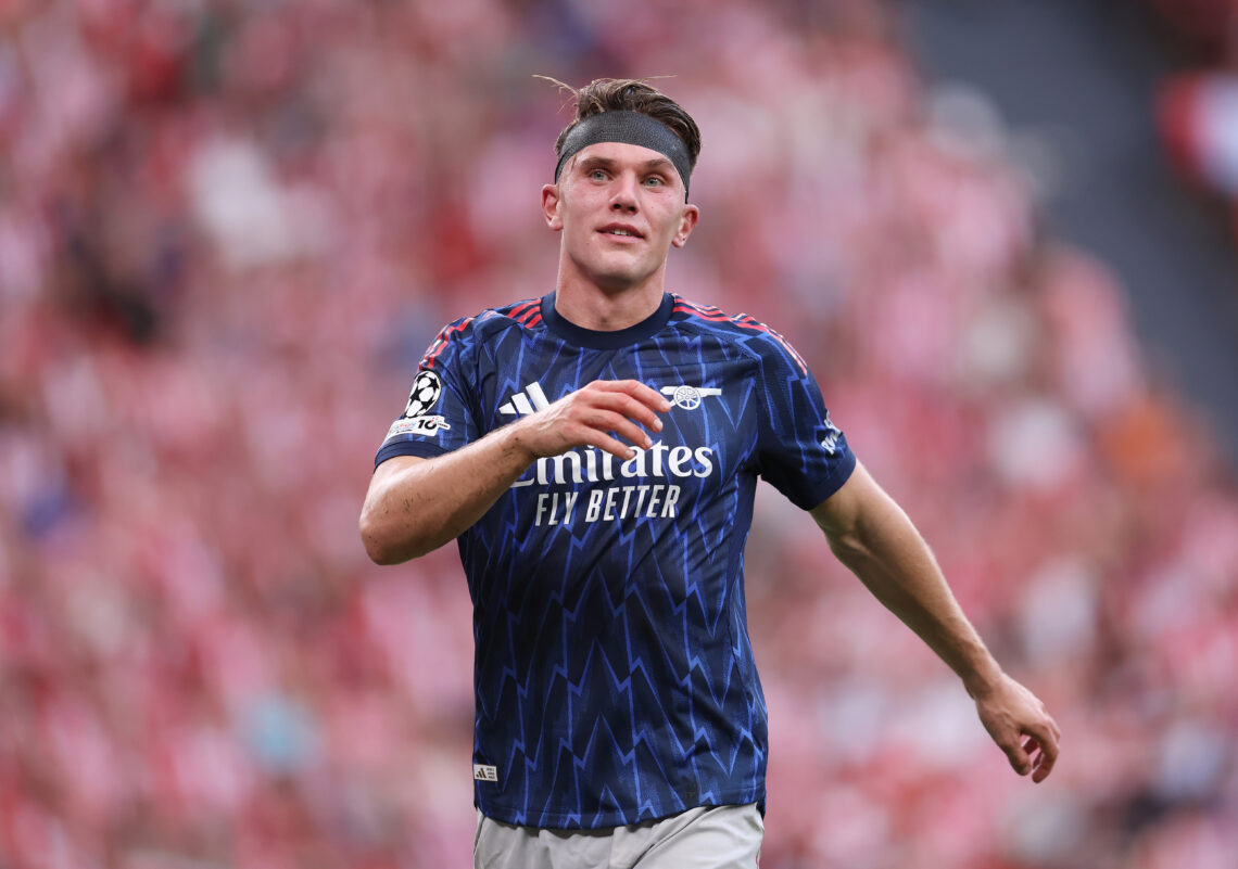BILBAO, SPAIN - SEPTEMBER 16: Viktor Gyoekeres of Arsenal looks on with a bandage on his head after a clash of heads with team mate Gabriel (not pi...