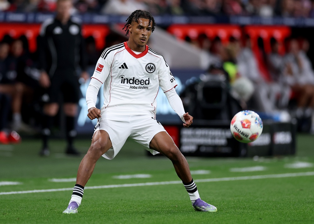 LEVERKUSEN, GERMANY: Jean-Matteo Bahoya of Eintracht Frankfurt runs with the ball during the Bundesliga match between Bayer 04 Leverkusen and Eintr...