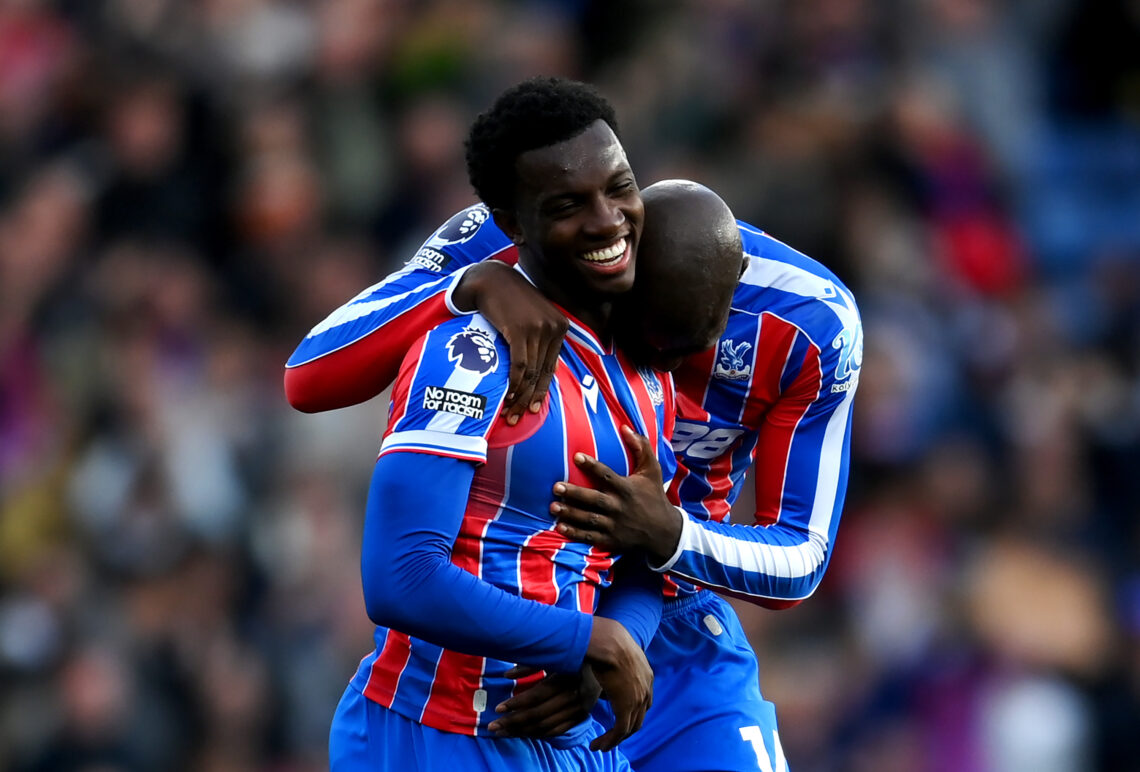 LONDON, ENGLAND - SEPTEMBER 27: Eddie Nketiah of Crystal Palace celebrates scoring his team's second goal with teammate Jean-Philippe Mateta during...