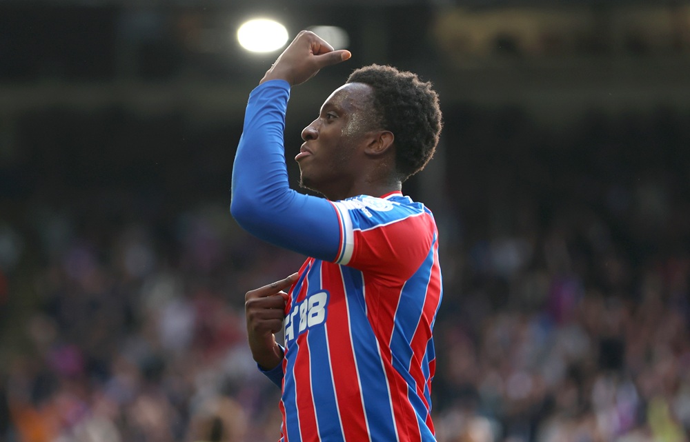 LONDON, ENGLAND: Eddie Nketiah of Crystal Palace celebrates scoring his team's second goal during the Premier League match between Crystal Palace and Liverpool at Selhurst Park on September 27, 2025. (Photo by Tom Dulat/Getty Images)