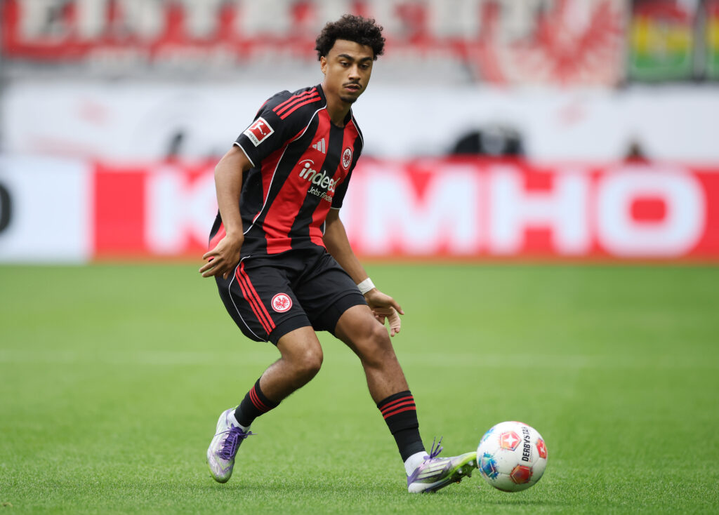 FRANKFURT AM MAIN, GERMANY - SEPTEMBER 21: Nathaniel Brown of Eintracht Frankfurt controls the ball during the Bundesliga match between Eintracht Frankfurt and 1. FC Union Berlin at Deutsche Bank Park on September 21, 2025 in Frankfurt am Main, Germany. (Photo by Alex Grimm/Getty Images)