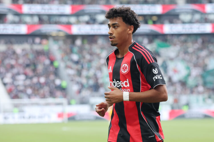FRANKFURT AM MAIN, GERMANY - AUGUST 23: Nathaniel Brown of Eintracht Frankfurt reacts during the Bundesliga match between Eintracht Frankfurt and S...