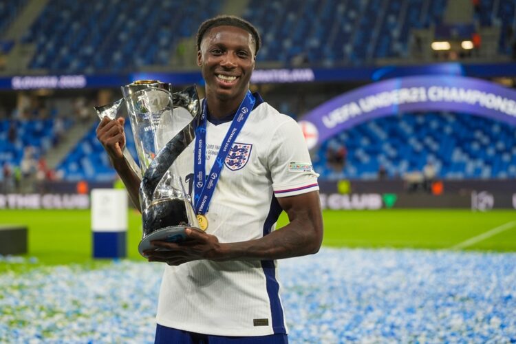 BRATISLAVA, SLOVAKIA: Brooke Norton-Cuffy of U21 England celebrates with the UEFA European Under-21 Championship trophy after his team's victory in...