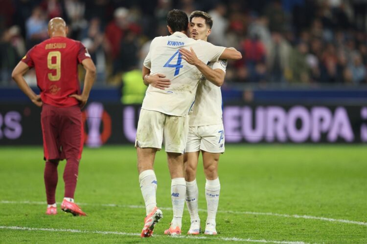 SALZBURG, AUSTRIA: Francisco Moura and Jakub Kiwior of FC Porto embrace after the team's victory in the UEFA Europa League 2025/26 League Phase MD1...