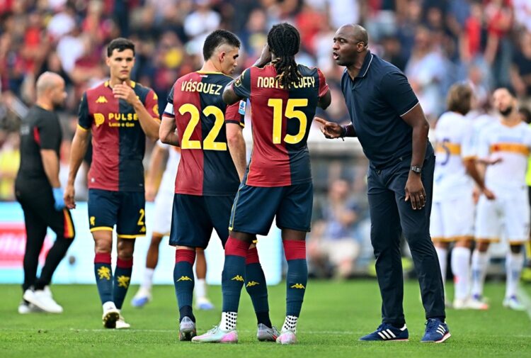 GENOA, ITALY: Patrick Vieira, Head Coach of Genoa, gives instructions to his players Johan Vasquez and Brooke Norton-Cuffy during the Serie A match...