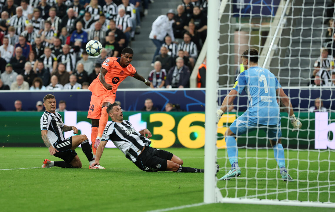NEWCASTLE UPON TYNE, ENGLAND - SEPTEMBER 18: Marcus Rashford of FC Barcelona shoots wide past Kieran Trippier and Fabian Schaer of Newcastle United...