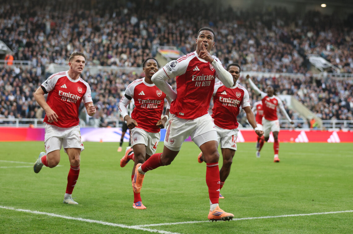 NEWCASTLE UPON TYNE, ENGLAND - SEPTEMBER 28: Gabriel of Arsenal celebrates scoring his team's second goal during the Premier League match between N...