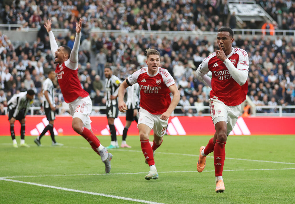 NEWCASTLE UPON TYNE, ENGLAND - SEPTEMBER 28: Gabriel of Arsenal celebrates scoring his team's second goal during the Premier League match between Newcastle United and Arsenal at St James' Park on September 28, 2025 in Newcastle upon Tyne, England. (Photo by George Wood/Getty Images)