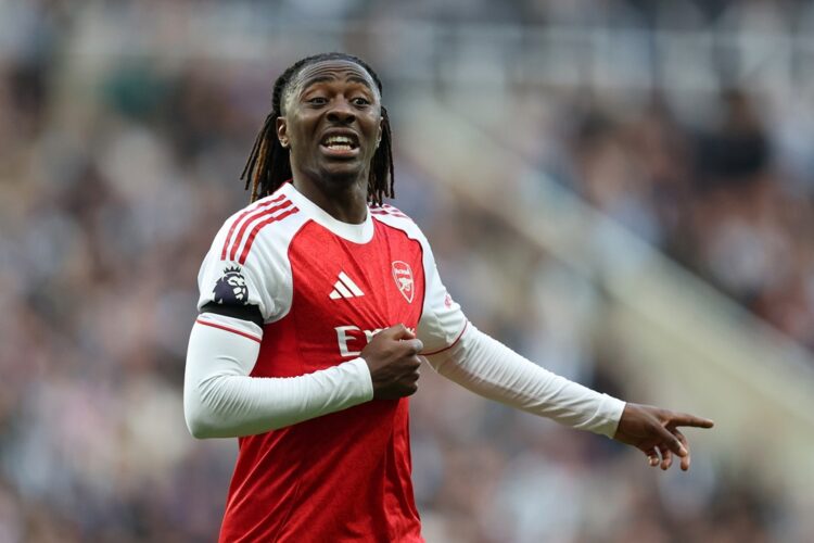 NEWCASTLE UPON TYNE, ENGLAND: Eberechi Eze of Arsenal reacts during the Premier League match between Newcastle United and Arsenal at St James' Park...