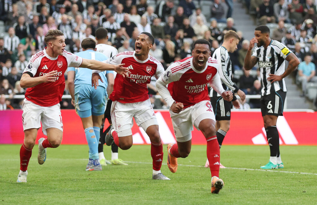 NEWCASTLE UPON TYNE, ENGLAND - SEPTEMBER 28: Gabriel of Arsenal celebrates scoring his team's second goal during the Premier League match between Newcastle United and Arsenal at St James' Park on September 28, 2025 in Newcastle upon Tyne, England. (Photo by George Wood/Getty Images)