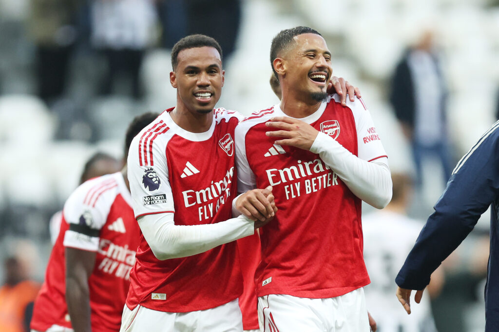 NEWCASTLE UPON TYNE, ENGLAND - SEPTEMBER 28: Gabriel and William Saliba of Arsenal celebrate following the Premier League match between Newcastle United and Arsenal at St James' Park on September 28, 2025 in Newcastle upon Tyne, England. (Photo by George Wood/Getty Images)