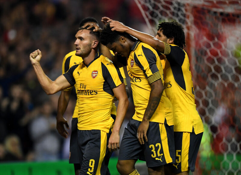 NOTTINGHAM, ENGLAND - SEPTEMBER 20: Lucas Perez (L) of Arsenal celebrates scoring his team's third goal during the EFL Cup Third Round match between Nottingham Forest and Arsenal at City Ground on September 20, 2016 in Nottingham, England. (Photo by Shaun Botterill/Getty Images)