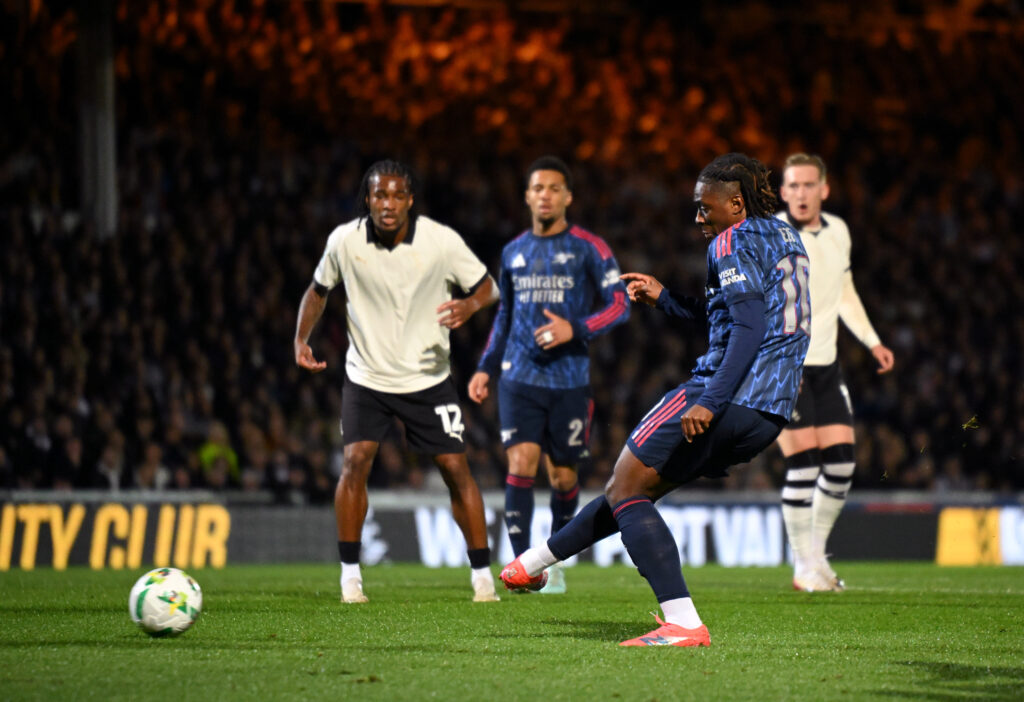 BURSLEM, ENGLAND - SEPTEMBER 24: Eberechi Eze of Arsenal scores his team's first goal during the Carabao Cup Third Round match between Port Vale and Arsenal at Vale Park on September 24, 2025 in Burslem, England. (Photo by Clive Mason/Getty Images)