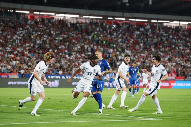 BELGRADE, SERBIA: Noni Madueke of England celebrates scoring his team's second goal during the FIFA World Cup 2026 qualifier match between Serbia a...