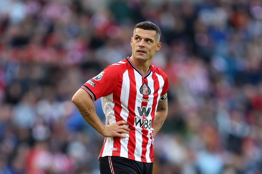 SUNDERLAND, ENGLAND: Granit Xhaka of Sunderland reacts during the Premier League match between Sunderland and Aston Villa at Stadium of Light on September 21, 2025. (Photo by George Wood/Getty Images)