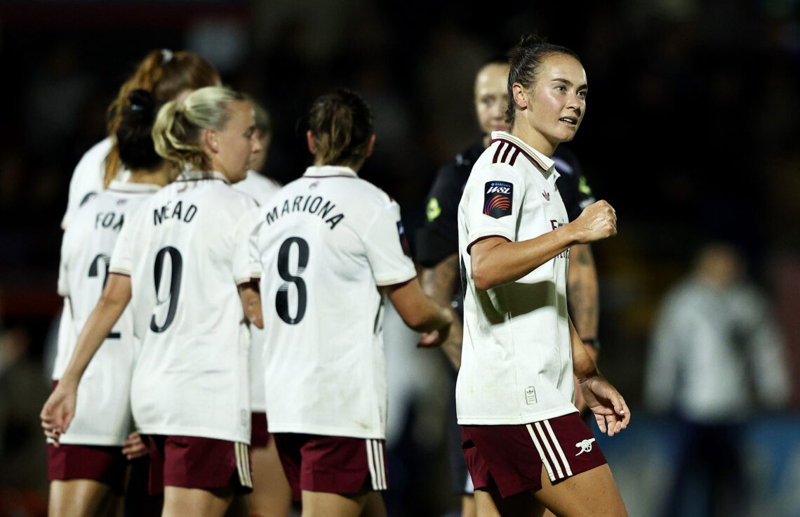 DAGENHAM, ENGLAND - SEPTEMBER 12: Caitlin Foord of Arsenal celebrates scoring her team's third goal during the Barclays Women's Super League match ...