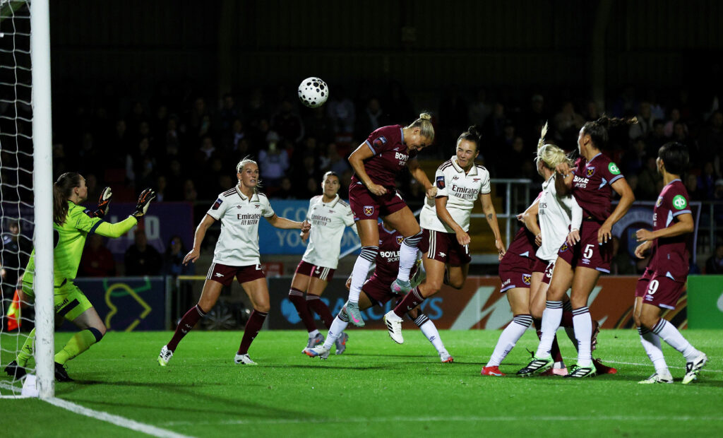 DAGENHAM, ENGLAND - SEPTEMBER 12: Caitlin Foord of Arsenal scores her team's third goal during the Barclays Women's Super League match between West Ham United and Arsenal at Chigwell Construction Stadium on September 12, 2025 in Dagenham, England. (Photo by James Fearn/Getty Images)