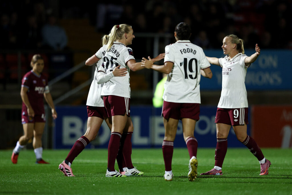 DAGENHAM, ENGLAND - SEPTEMBER 12: Stina Blackstenius of Arsenal celebrates scoring her team's second goal with teammates during the Barclays Women's Super League match between West Ham United and Arsenal at Chigwell Construction Stadium on September 12, 2025 in Dagenham, England. (Photo by James Fearn/Getty Images)