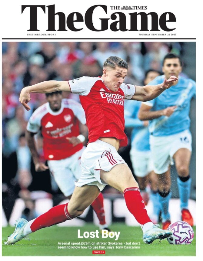 The Times front cover of The Game 22 September 2025 - Full page image of Viktor Gyokeres with 'Lost Boy' as the headline