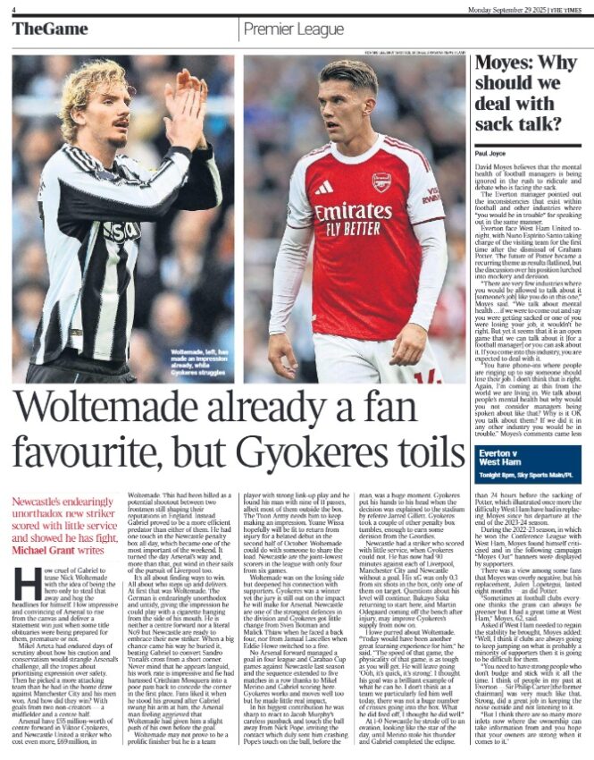 The Times 29 September 2025 - Woltemade already a fan favourite, but Gyokeres toils