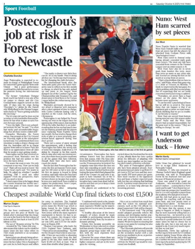 Times page from Saturday's paper, headline - Postecoglou’s job at risk if Forest lose to Newcastle Charlotte Duncker