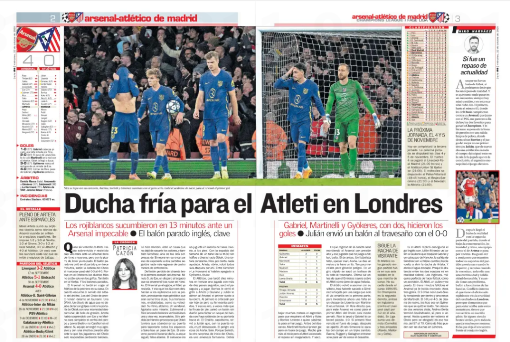 "13 minutes of terror" from "A perfect football machine": How AS described Arsenal's destruction of Atletico 2 A cold shower for him Los rojiblancos succumbed in 13 minutes to an impeccable Arsenal ● The English set-piece ball, key Gabriel, Martinelli and Gyökeres, with two, scored the goals ● Julian sent a ball over the crossbar with the 0-0 AS (Sevilla)22 Oct 2025