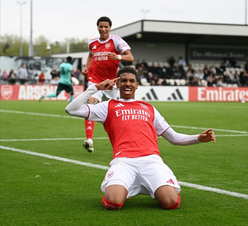 Andre Harriman-Annous celebrates a goal for the Arsenal u21s (Photo via Harriman-Annous on Instagram)