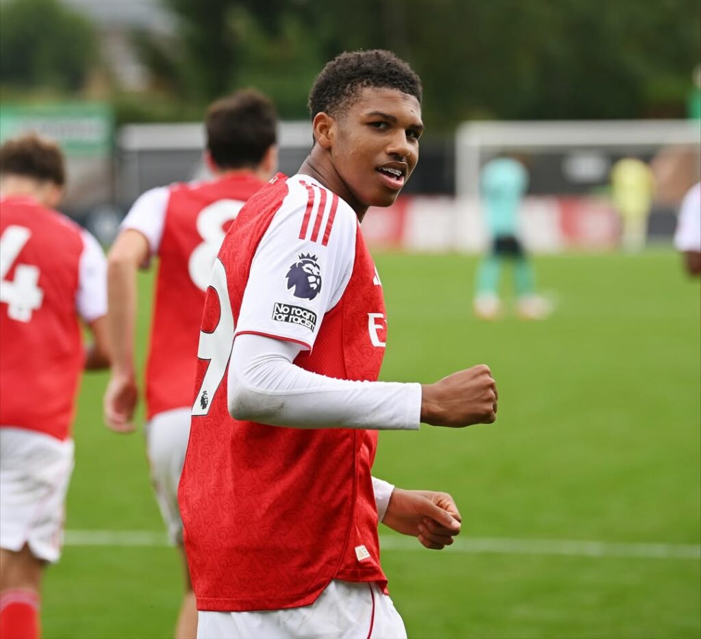 Andre Harriman-Annous celebrates a goal for the Arsenal u21s (Photo via Harriman-Annous on Instagram)