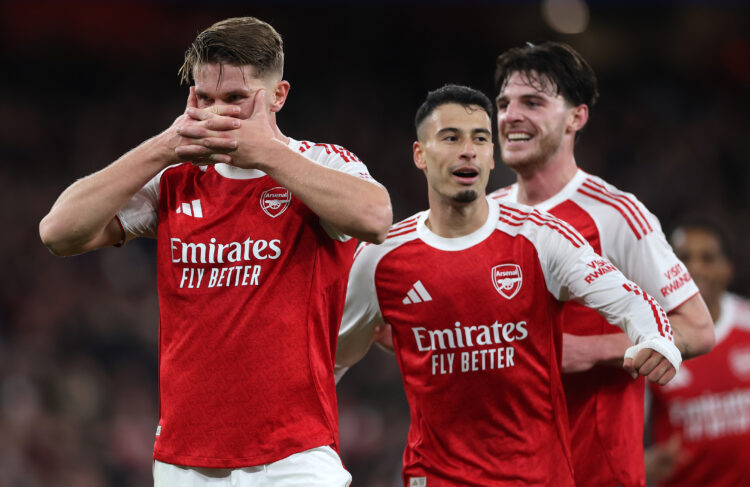 Viktor Gyoekeres of Arsenal celebrates scoring his team's third goal during the UEFA Champions League 2025/26 League Phase MD3 match between Arsena...