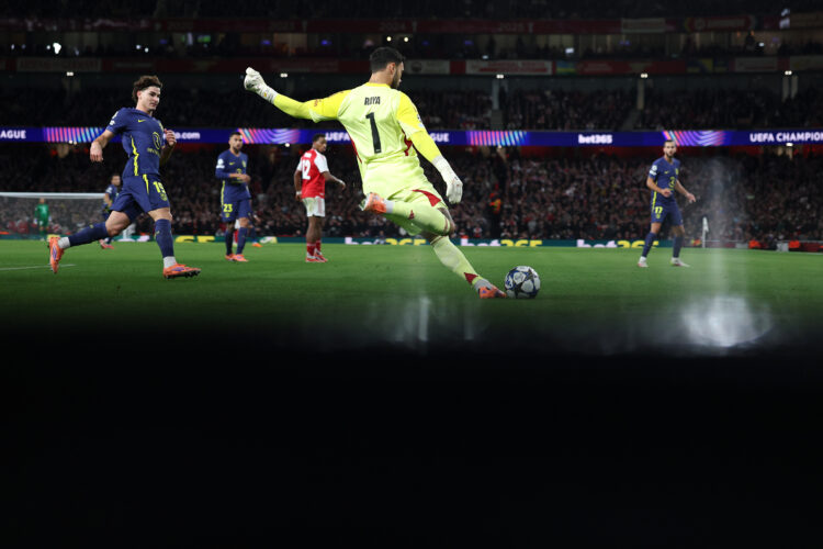 David Raya of Arsenal takes a free-kick during the UEFA Champions League 2025/26 League Phase MD3 match between Arsenal FC and Atletico de Madrid a...